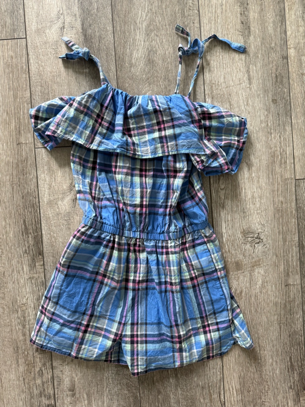 Tea 10 Girls Blue Plaid Off-Shoulder Romper